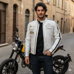 EN 17092-4:2020 Onaylı .Beyaz Retro Motosiklet Deri Montu.