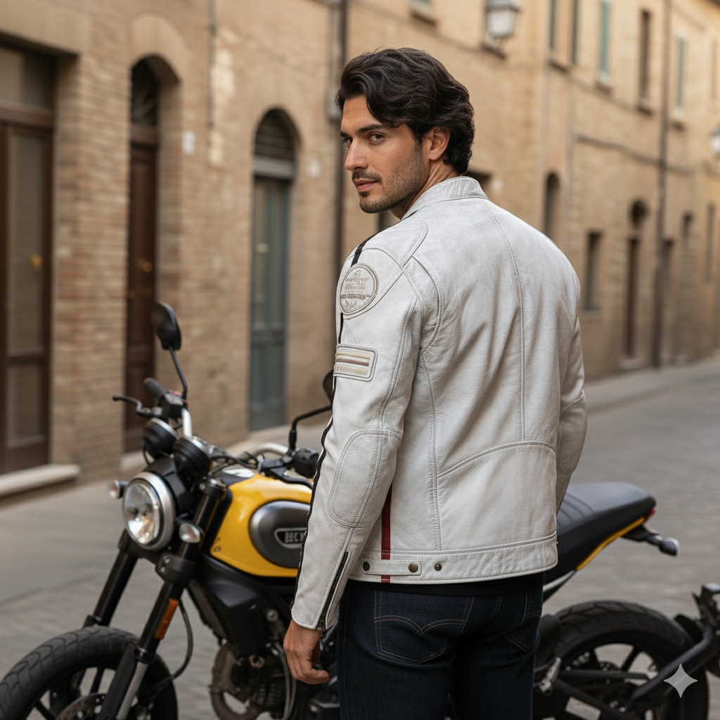 EN 17092-4:2020 Onaylı .Beyaz Retro Motosiklet Deri Montu.