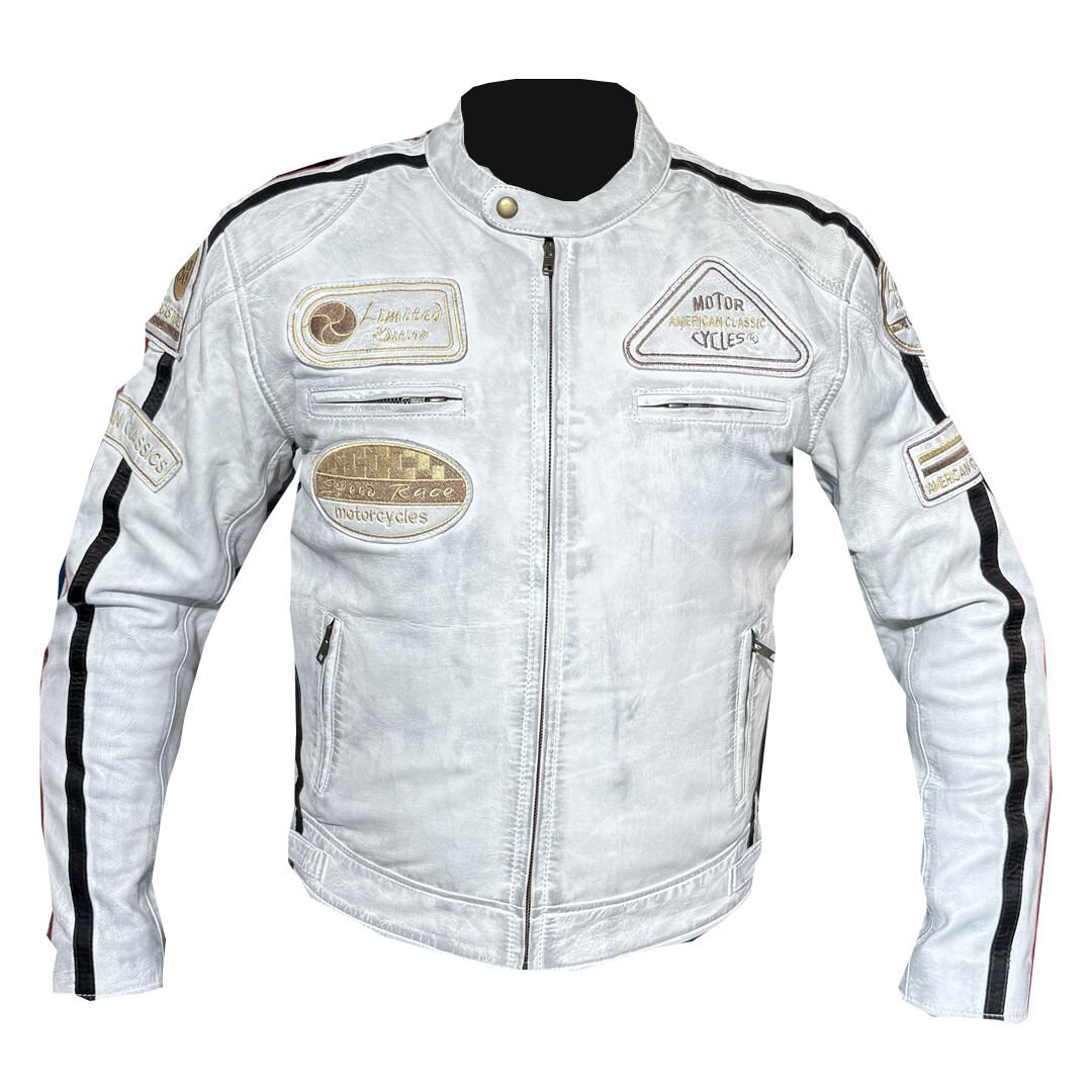 EN 17092-4:2020 Onaylı .Beyaz Retro Motosiklet Deri Montu.