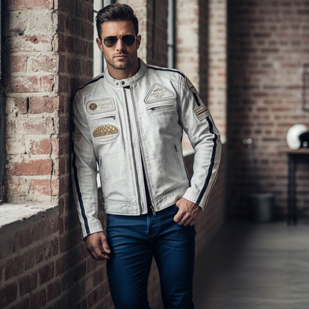 EN 17092-4:2020 Onaylı .Beyaz Retro Motosiklet Deri Montu.