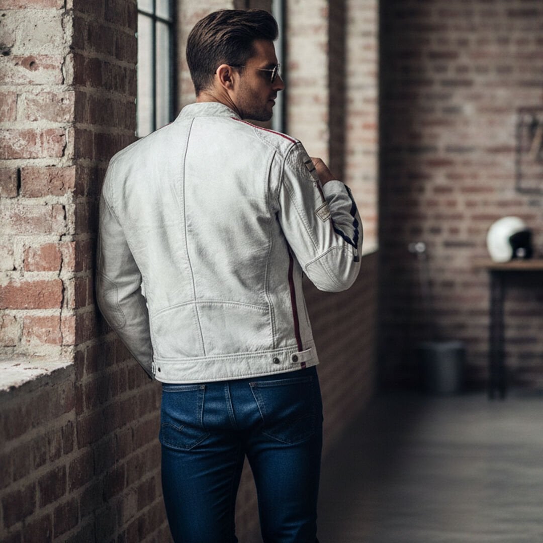 EN 17092-4:2020 Onaylı .Beyaz Retro Motosiklet Deri Montu.